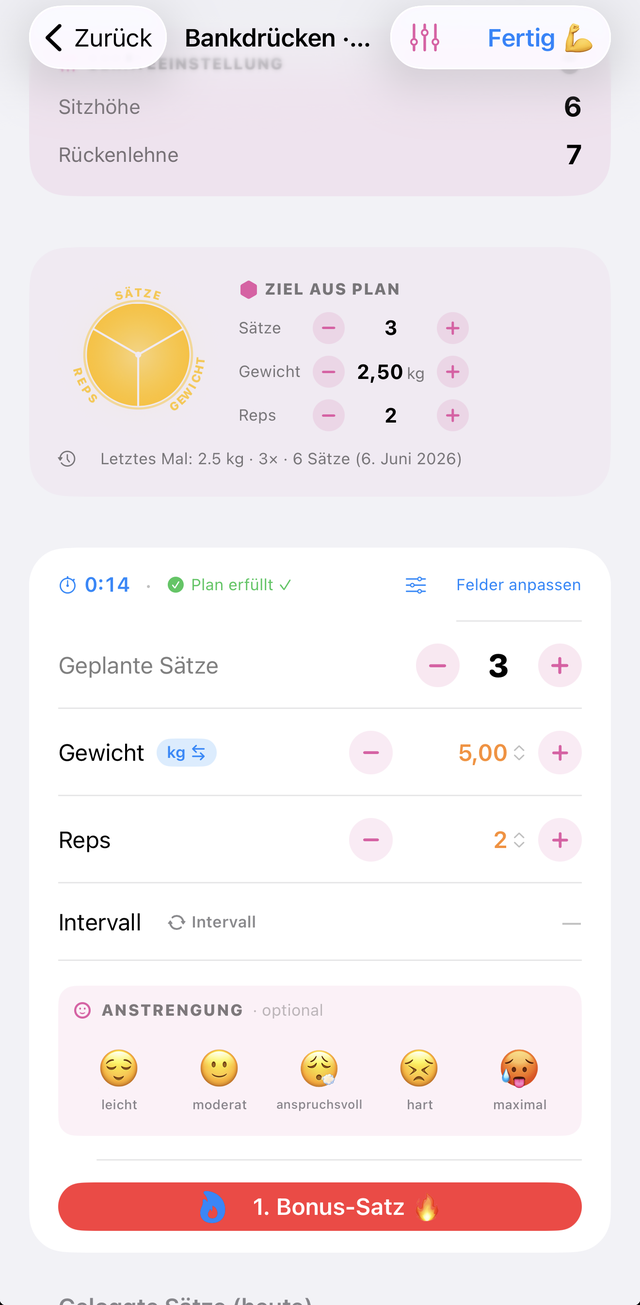 Übung tracken mit Sweep, Zielen und Bonus-Satz